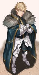 Rule 34 | 10s, 1boy, armor, bad id, bad pixiv id, blonde hair, blue eyes, cape, crossed arms, fate/extra, fate/extra ccc, fate (series), fur trim, gauntlets, gawain (fate), greaves, highres, looking at viewer, male focus, solo, sora yoshitake yuda, stone floor