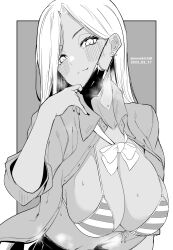 Rule 34 | 1girl, bikini, blush, breasts, closed mouth, commentary request, dark-skinned female, dark skin, ear piercing, grey background, greyscale, highres, kichihachi, large breasts, long hair, looking at viewer, mask, mask pull, monochrome, mouth mask, navel, open clothes, open shirt, original, piercing, simple background, smile, solo, striped bikini, striped clothes, sweat, swimsuit, twitter username, two-tone background, upper body, white background