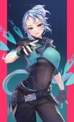 Rule 34 | 1girl, animification, black gloves, black pants, black shirt, blue eyes, blue hair, blush, character name, commentary request, copyright name, covered navel, cowboy shot, fingerless gloves, gloves, hair bun, head tilt, highres, jett (valorant), looking at viewer, momoirone, pants, parted bangs, parted lips, shirt, smile, solo, thick eyebrows, valorant