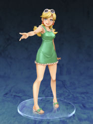 Rule 34 | 1girl, armpits, bare arms, bare legs, blonde hair, blue eyes, bow, breasts, character doll, dress, earrings, eyewear on head, facing viewer, faux figurine, figure, flip-flops, footwear bow, frill trim, full body, green bow, green dress, highres, jcm2, jewelry, leni loud, looking at viewer, medium breasts, no socks, open mouth, outstretched arm, pigeon-toed, reaching, reaching towards viewer, realistic, round teeth, sandals, short dress, sleeveless, sleeveless dress, smile, solo, standing, sunglasses, sunglasses on head, teeth, the loud house