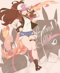Rule 34 | 1girl, adjusting clothes, adjusting headwear, ankle boots, baseball cap, blue eyes, boots, breasts, brown hair, commentary, creatures (company), denim, denim shorts, elbow pads, emboar, english commentary, exposed pocket, game freak, gen 5 pokemon, hand on own hip, hat, high ponytail, highres, hilda (pokemon), long hair, nintendo, nyantcha, open clothes, open vest, poke ball, poke ball (basic), pokemon, pokemon (creature), pokemon bw, short shorts, shorts, single elbow pad, sleeveless, small breasts, socks, solo focus, thigh strap, thighs, vest