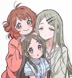 3girls ahoge brown_hair camisole cardigan flipped_hair gakuen_idolmaster hanami_ume hands_on_another&#039;s_head hatsuboshi_gakuen_school_uniform idolmaster kuramoto_china multiple_girls rituyama1 school_uniform shinosawa_hiro simple_background smile upper_body white_camisole