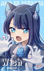 Rule 34 | 1girl, ado (utaite), aidhaaichii, animal ear fluff, animal ears, artist name, black bow, black bowtie, black coat, black hair, blue background, blue eyes, blue flower, blue hair, blue rose, bow, bowtie, cat ears, cat girl, chando (ado), claw pose, cloud nine inc, coat, collared shirt, colored inner hair, commentary request, dated, dress shirt, fang, flower, flower brooch, gloves, kemonomimi mode, light blush, long sleeves, looking at viewer, mole, mole under eye, multicolored hair, open mouth, outline, rose, shirt, sidelocks, simple background, skin fang, solo, upper body, utaite, white gloves, white outline, white shirt