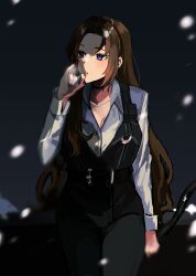 Rule 34 | 1girl, absurdres, belt, black belt, black vest, blue eyes, brown hair, cigarette, collared shirt, cowboy shot, highres, holding, holding cigarette, holding weapon, limbus company, long hair, long sleeves, msx (mis4xi), outdoors, parted bangs, parted lips, project moon, rodion (project moon), shirt, sidelocks, smoke, smoking, solo, standing, very long hair, vest, weapon, white shirt