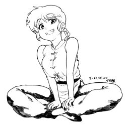Rule 34 | 1girl, braid, braided ponytail, breasts, chinese clothes, commentary request, dated, genderswap, genderswap (ftm), greyscale, indian style, large breasts, looking at viewer, medium hair, monochrome, ranma-chan, ranma 1/2, saotome ranma, shirt, signature, sitting, sleeveless, sleeveless shirt, slippers, smile, solo, tangzhuang, teeth, tsukudani (coke-buta), white background