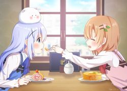 Rule 34 | 2girls, artist name, blue bow, blue eyes, blue hair, blush, bow, brown hair, day, closed eyes, facing another, feeding, food, fork, gochuumon wa usagi desu ka?, hair ornament, hairclip, holding, holding fork, hoto cocoa, indoors, kafuu chino, long hair, long sleeves, looking at another, mozukun43, multiple girls, open mouth, pancake, parted lips, plate, red bow, short hair, smile, tippy (gochiusa), twitter username, window, x hair ornament
