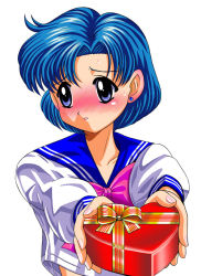 Rule 34 | 1990s (style), bishoujo senshi sailor moon, blue eyes, blue hair, blush, embarrassed, gift, mizuno ami, pirochi, ribbon, sailor mercury, school uniform, short hair