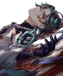 Rule 34 | 1boy, ahoge, aqua hair, armor, bead necklace, beads, black hair, blood, blood on clothes, blood on face, facial mark, forehead mark, genshin impact, gloves, highres, injury, jewelry, lying, male focus, multicolored hair, necklace, on back, parted lips, shiraishi (siraisi00), simple background, solo, spikes, tassel, tears, upper body, white background, xiao (genshin impact), yellow eyes