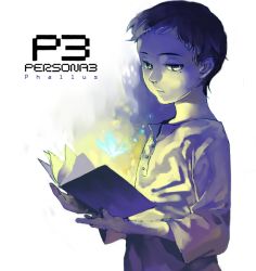 Rule 34 | 1boy, atlus, book, bug, butterfly, character name, copyright name, english text, engrish text, expressionless, bug, male focus, mole, mole under eye, persona, persona 3, pharos, ranguage, solo, whiteawing
