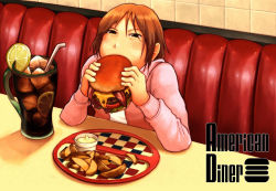 Rule 34 | bacon, blush, brown eyes, brown hair, cheese, cola, commentary request, diner, drinking straw, eating, english text, food, french fries, fruit, glass, burger, holding, holding food, hood, hoodie, ice, ice cube, indoors, lemon, lemon slice, lettuce, long sleeves, nishimawari, original, pink hoodie, plate, sitting, solo, table, tile wall, tiles, tomato