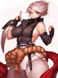Rule 34 | 1girl, bare shoulders, blade, breasts, brown eyes, chipp zanuff, earrings, covered erect nipples, fingerless gloves, fumio (rsqkr), genderswap, genderswap (mtf), gloves, guilty gear, highres, jewelry, large breasts, looking at viewer, short hair, side slit, sideboob, silver hair, solo, standing, thick thighs, thighs