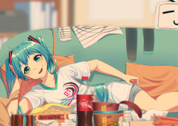 Rule 34 | 00s, 1girl, aqua hair, arm support, bilibili, blurry, blurry background, book, chopsticks, coca-cola, couch, cup ramen, depth of field, eahi, green eyes, hatsune miku, indoors, instant ramen, lying, on side, open mouth, shirt, solo, t-shirt, twintails, vocaloid
