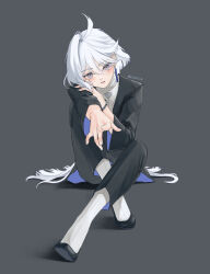 Rule 34 | 1girl, ahoge, artist name, black footwear, black suit, ccnut b, crossed legs, earrings, foreshortening, formal, full body, grey background, grey eyes, gundam, gundam suisei no majo, hair down, hand on own arm, head tilt, highres, jewelry, miorine rembran, outstretched arm, pants, parted lips, shoes, simple background, siting, sitting, solo, suit, twitter username, white hair
