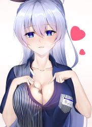Rule 34 | 1girl, absurdres, azur lane, barcode, barcode tattoo, blue eyes, blue shirt, blush, braid, breasts, character name, cleavage, collarbone, collared shirt, employee uniform, eternity (pixiv8012826), french braid, gradient background, hair between eyes, hair ribbon, hand on own chest, heart, heart-shaped pupils, highres, large breasts, lawson, light purple hair, long hair, looking at viewer, name tag, open mouth, pointing, pointing at self, ribbon, rodney (azur lane), rodney (one day as a trainee clerk) (azur lane), shirt, sidelocks, simple background, smile, solo, sweat, symbol-shaped pupils, tattoo, uniform, upper body, very long hair