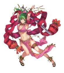 Rule 34 | 1girl, armpits, breasts, cleavage, feet, female focus, fire emblem, fire emblem: genealogy of the holy war, fire emblem heroes, full body, green eyes, green hair, highres, holding, holding sword, holding weapon, lene (fire emblem), long hair, matching hair/eyes, medium breasts, midriff, navel, nintendo, official art, pelvic curtain, reverse grip, sandals, solo, sword, thigh strap, toes, transparent background, weapon, yoshiku (oden-usagi)