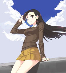 Rule 34 | 10s, 1girl, a9b (louis814), absurdres, bomber jacket, brown eyes, brown hair, chi-hatan military uniform, girls und panzer, highres, jacket, long hair, looking at viewer, nishi kinuyo, pleated skirt, sitting, skirt, solo