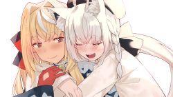 Rule 34 | 2girls, absurdres, ahoge, animal ear fluff, animal ears, beret, blonde hair, blue kimono, blush, bow, braid, closed eyes, closed mouth, commentary, dress, eyelashes, fox ears, gloves, hair between eyes, hair bow, hand on another&#039;s arm, hat, highres, hololive, hug, hug from behind, japanese clothes, kimono, lips, long hair, looking at another, looking back, multicolored hair, multiple girls, open mouth, ponytail, red eyes, red gloves, shirakami fubuki, shirakami fubuki (street), shiranui flare, shiranui flare (new year), side braid, simple background, streaked hair, tonarikeru, two-tone hair, upper body, virtual youtuber, white background, white dress, white hair, white headwear, yuri