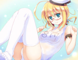 Rule 34 | 10s, 1girl, ahoge, aqua eyes, arm strap, bare shoulders, blonde hair, glasses, hat, i-8 (kancolle), kantai collection, looking at viewer, one-piece swimsuit, personification, red-framed eyewear, school swimsuit, smile, solo, sorano (12gou), swimsuit, thighhighs, twintails, white one-piece swimsuit, white thighhighs