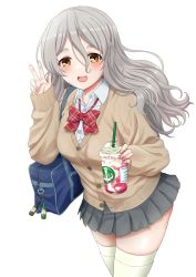 Rule 34 | 1girl, bag, bottle, brown cardigan, brown eyes, cardigan, charm (object), collared shirt, cowboy shot, drink, grey hair, grey skirt, highres, holding, holding bag, kantai collection, long sleeves, looking at viewer, medium hair, mikan 29344886, neckerchief, open mouth, pola (kancolle), red neckerchief, school bag, school uniform, shirt, shoulder bag, simple background, skirt, smoothie, solo, thighhighs, v, wavy hair, white background, white shirt, white thighhighs, wine bottle