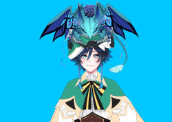 Rule 34 | 1boy, absurdres, animal, animal on head, bard, black hair, blue background, blue eyes, blue hair, braid, cape, dragon, dvalin (genshin impact), flower, genshin impact, gradient hair, green hat, hair flower, hair ornament, hat, highres, long sleeves, looking at another, looking up, male focus, multicolored hair, okomejet, on head, open mouth, scales, shorts, simple background, smile, solo, thighhighs, trap, twin braids, venti (genshin impact), wings