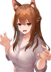 Rule 34 | 1girl, animal ear fluff, animal ears, arknights, braid, breasts, brown hair, claw pose, cleavage, collared shirt, fox ears, franka (arknights), highres, large breasts, long hair, medium breasts, myria (7855), open mouth, shirt, simple background, solo, upper body, white background, white shirt, yellow eyes