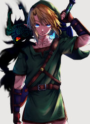 Rule 34 | 1boy, 1girl, absurdres, aura, blonde hair, blue eyes, colored sclera, commentary request, dark aura, fighting stance, fingerless gloves, gloves, green tunic, grey background, hat, hetarekko, highres, link, master sword, midna, nintendo, pointy ears, ready to draw, red eyes, simple background, sword, the legend of zelda, the legend of zelda: twilight princess, weapon, weapon on back, yellow sclera