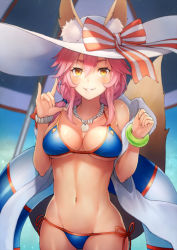 Rule 34 | 1girl, animal ears, bad id, bad pixiv id, bangle, bare shoulders, beach umbrella, bikini, blue background, blue bikini, blurry, blurry background, bow, bracelet, breasts, cleavage, collarbone, cowboy shot, depth of field, ears through headwear, fate/grand order, fate (series), fox ears, fox tail, hair tie, halterneck, hat, hat bow, innertube, jewelry, kyoeiki, long hair, looking at viewer, low ponytail, medium breasts, navel, necklace, orange eyes, orange ribbon, parted lips, pendant, pink hair, ribbon, shawl, side-tie bikini bottom, smile, solo, standing, stomach, string bikini, striped, striped bow, swim ring, swimsuit, tail, tamamo (fate), tamamo no mae (fate/extra), tamamo no mae (swimsuit lancer) (fate), umbrella, underboob, white hat