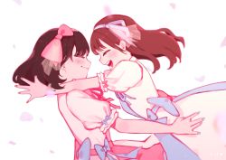 Rule 34 | 2girls, blue hairband, blush, bow, brown hair, closed mouth, date sayuri, dress, closed eyes, falling petals, from side, hair bow, hairband, imminent hug, liyuu, long hair, love live!, love live! superstar!!, medium hair, multiple girls, open mouth, petals, pink bow, profile, puffy short sleeves, puffy sleeves, short sleeves, simple background, smile, upper body, uuu&amp;no, voice actor, white background, white dress