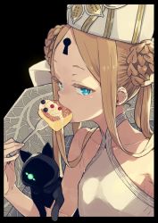 Rule 34 | 1girl, abigail williams (fate), abigail williams (swimsuit foreigner) (fate), abigail williams (swimsuit foreigner) (second ascension) (fate), bare shoulders, black background, black cat, blonde hair, blue eyes, braid, braided bun, breasts, cake, cat, collarbone, double bun, eating, fate/grand order, fate (series), food, forehead, fork, hair bun, hat, highres, imigimuru, keyhole, long hair, looking at viewer, mitre, one-piece swimsuit, open mouth, parted bangs, sidelocks, small breasts, swimsuit, twintails, very long hair, white headwear, white one-piece swimsuit