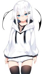 Rule 34 | 1girl, blue eyes, hair ornament, hairclip, hood, hoodie, ichiru shirase, otokuyou, shorts, solo, thighhighs, white background, white hair, white hoodie