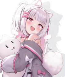 Rule 34 | 1girl, absurdres, animal, animal collar, animal ear fluff, animal ears, blush, bow, collar, collarbone, gram pico, grey jacket, hair bow, heart, heart in eye, highres, holding, holding animal, jacket, long hair, mochitsuki karen, multicolored clothes, multicolored jacket, off shoulder, open mouth, paw hair ornament, paw print, phase connect, phase connect jp, pink bow, pink collar, pink eyes, shadow, smile, solo, symbol in eye, virtual youtuber, white bow, white hair