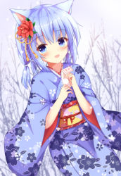 Rule 34 | 1girl, :d, animal ears, bare tree, blue eyes, blue hair, blue kimono, blush, braid, cat ears, cherry blossom print, commentary request, dutch angle, facial mark, final fantasy, final fantasy xiv, floral print, flower, hair flower, hair ornament, hands up, holding, japanese clothes, kedama (kedama akaza), kimono, looking at viewer, miqo&#039;te, new year, obi, open mouth, print kimono, red flower, sash, short sleeves, smile, snowing, solo, tree, warrior of light (ff14), wide sleeves
