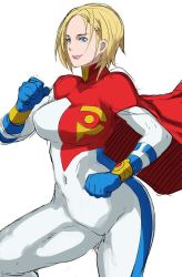 Rule 34 | 1girl, alien, alternate costume, animification, blonde hair, blue eyes, blue gloves, bodysuit, bracelet, breasts, butcha-u, cape, clenched hands, covered navel, cowboy shot, dc comics, fighting stance, from side, gloves, jewelry, kryptonian, large breasts, light smile, lips, lipstick, looking at viewer, looking back, makeup, multicolored clothes, muscular, pink lips, power girl, red cape, short hair, simple background, single vertical stripe, sketch, smile, solo, spread legs, standing, superhero costume, superman (series), thick thighs, thighs, turtleneck, white background, wide hips