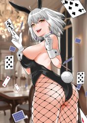 Rule 34 | 1girl, absurdres, ahoge, animal ears, ass, black leotard, breasts, card, detached collar, earrings, fake animal ears, fate/grand order, fate (series), fishnet pantyhose, fishnets, gloves, grey hair, highleg, highleg leotard, highres, jeanne d&#039;arc alter (avenger) (fate), jeanne d&#039;arc alter (fate), jewelry, large breasts, leotard, looking at viewer, looking back, open mouth, pantyhose, playboy bunny, playing card, rabbit ears, rabbit tail, short hair, smile, solo, tail, tomotomow00w, white gloves, wrist cuffs, yellow eyes
