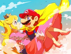 Rule 34 | 1boy, 1girl, blonde hair, blue eyes, blue sky, bound, breasts, brown hair, cape, cape mario, carrying, carrying person, chain, crown, dress, face-to-face, facial hair, flying, gloves, grin, hat, high heels, highres, holding, legs, long hair, mario, mario (series), mustache, nintendo, open mouth, pink dress, princess carry, princess peach, sky, smile, super mario world, yellow cape