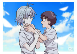 Rule 34 | 2boys, ahoge, artist name, blue sky, border, brown eyes, brown hair, cloud, cloudy sky, collared shirt, commentary, crying, crying with eyes open, day, from side, grabbing another&#039;s arm, grey hair, hands up, hashimo99187365, highres, ikari shinji, looking at another, male focus, multiple boys, nagisa kaworu, neon genesis evangelion, red eyes, shirt, short hair, short sleeves, sky, smile, tears, upper body, white border, white shirt