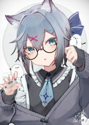 Rule 34 | 1girl, animal, animal ear fluff, animal ears, bird, black-framed eyewear, black shirt, blue bow, blue nails, blue neckwear, blush, bow, cardigan, collared shirt, commentary, commentary request, dated, frilled shirt collar, frills, glasses, green eyes, grey cardigan, hair between eyes, hair bow, hair intakes, hair ornament, hairclip, hands up, head tilt, highres, long sleeves, looking at viewer, mayogii, nail polish, off shoulder, original, parted lips, semi-rimless eyewear, shirt, short hair, signature, sleeves past wrists, solo, symbol-only commentary, under-rim eyewear, upper body, x hair ornament