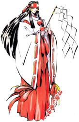 Rule 34 | 1990s (style), 1girl, black hair, detached sleeves, gohei, hakama, hakama skirt, headband, japanese clothes, long hair, miko, nail polish, official art, ohno shirou, rashoujin mizuki, red hakama, retro artstyle, samurai spirits, shide, shiroo oono, skirt, snk, solo, wide sleeves