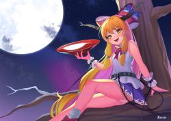 Rule 34 | 1girl, :d, artist name, belt, bow, bowtie, branch, chain, cloud, cup, fang, feet out of frame, footwear bow, full moon, hair bow, highres, horn ornament, horn ribbon, horns, ibuki suika, in tree, long hair, looking at viewer, low-tied long hair, moon, night, night sky, open mouth, orange eyes, orange hair, panties, purple skirt, recare, red bow, red bowtie, ribbon, sakazuki, shirt, shoes, sidelocks, sitting, sitting in tree, skirt, sky, sleeveless, sleeveless shirt, smile, socks, solo, touhou, tree, underwear, very long hair, white panties, white shirt, wrist cuffs