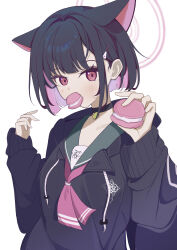 Rule 34 | 1girl, absurdres, animal ears, black hair, blue archive, cat ears, free donut, halo, highres, kazusa (blue archive), looking at viewer, multicolored hair, pink eyes, pink hair, simple background, solo, two-tone hair, white background