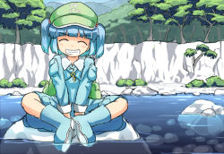 Rule 34 | 1girl, ^ ^, backpack, bag, blue hair, boots, butterfly sitting, cliff, closed eyes, closed eyes, female focus, grin, hair bobbles, hair ornament, hat, kawashiro nitori, key, monosenbei, open mouth, randoseru, river, rock, rubber boots, short hair, sitting, skirt, smile, solo, touhou, tree, twintails, two side up, v arms, water