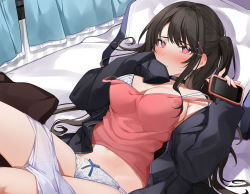 Rule 34 | 1girl, bare shoulders, bed, bed sheet, black choker, black hair, black jacket, blue bow, blush, bow, bow panties, bra, breasts, camisole, cellphone, choker, cleavage, closed mouth, collarbone, curtains, fingernails, floral print, hair ornament, hand to own mouth, highres, holding, holding phone, indoors, jacket, long hair, long sleeves, looking at viewer, lying, medium breasts, non-web source, on back, on bed, open clothes, open jacket, original, panties, phone, pillow, pink camisole, red eyes, short shorts, shorts, sidelocks, sleeves past wrists, smartphone, solo, underwear, white bra, white shorts, x hair ornament, xretakex