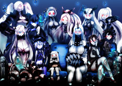 Rule 34 | 10s, 6+girls, ;), abyssal ship, ahoge, aircraft carrier oni, airfield princess, anchorage oni, armored aircraft carrier oni, battleship princess, bikini, bikini top only, blue eyes, breasts, claws, cleavage, colored skin, covered mouth, destroyer princess, detached sleeves, dress, ebi (il14021), enemy aircraft (kancolle), everyone, glowing, glowing eyes, gothic lolita, hairband, headgear, highres, horns, isolated island oni, kantai collection, large breasts, crossed legs, light cruiser oni, lolita fashion, lolita hairband, long hair, looking at viewer, machinery, midway princess, mittens, multiple girls, northern ocean princess, one eye closed, one side up, ponytail, red eyes, ribbed dress, sailor dress, school uniform, seaport princess, serafuku, short dress, single horn, sitting, smile, southern ocean oni, swimsuit, turret, white dress, white hair, white skin