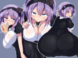 Rule 34 | 10s, 1girl, :&gt;=, ass, blue background, blue eyes, breasts, cleavage, dagashi kashi, drink, female focus, hairband, huge ass, large breasts, looking at viewer, miyamaru, pantyhose, purple hair, ringed eyes, sexually suggestive, shidare hotaru, short hair, simple background, smile, solo
