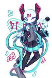 Rule 34 | 1girl, absurdres, amenalyme, black pantyhose, black skirt, black sleeves, blinking, blue eyes, blue necktie, blue stripes, cable, detached sleeves, grey shirt, hatsune miku, highres, holding, holding microphone, humanoid robot, iterator (rain world), joints, mechanical arms, microphone, musical note, necktie, no humans, no mouth, no nose, pantyhose, pointing, pointing at viewer, rain world, robot, robot ears, robot girl, robot joints, shirt, skirt, white background