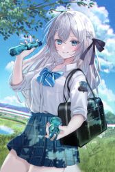 Rule 34 | 1girl, bag, black bag, black ribbon, blue bow, blue bowtie, blue eyes, blue skirt, blue sky, blurry, blurry background, blush, bottle, bow, bowtie, braid, branch, breasts, chromatic aberration, clenched teeth, cloud, collarbone, collared shirt, commentary request, crossed bangs, dress shirt, dutch angle, french braid, grass, hair between eyes, hair ribbon, highres, holding, holding bottle, horizon, leaf, long hair, looking at viewer, nozomi fuuten, original, outdoors, pleated skirt, ramune, reflection, reflective water, ribbon, school bag, school uniform, shirt, shoulder bag, sidelocks, signature, skirt, sky, small breasts, smile, solo, striped bow, striped bowtie, striped clothes, teeth, tree, twitter username, unmoving pattern, white shirt