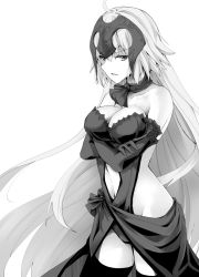 Rule 34 | 1girl, ahoge, bare shoulders, breasts, crossed arms, elbow gloves, fate/grand order, fate (series), gloves, greyscale, groin, headpiece, hip focus, jeanne d&#039;arc (fate), jeanne d&#039;arc alter (avenger) (fate), jeanne d&#039;arc alter (fate), jeanne d&#039;arc alter (holy night supper) (fate), long hair, looking at viewer, medium breasts, monochrome, navel, rikudou inuhiko, side slit, solo, thighhighs, thighs, very long hair, white background