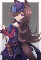 Rule 34 | 1girl, animal ears, bare shoulders, blue dress, blue flower, blue rose, breasts, brown hair, closed mouth, commentary request, dagger, dress, flower, hair over one eye, hand up, hat, hat flower, highres, horse ears, horse girl, horse tail, knife, long hair, long sleeves, minakami mimimi, off-shoulder dress, off shoulder, purple eyes, purple hat, rice shower (umamusume), rose, sleeves past wrists, small breasts, smile, solo, tail, tilted headwear, umamusume, very long hair, weapon