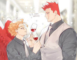 Rule 34 | 2boys, alternate costume, beard, blonde hair, blue eyes, boku no hero academia, couple, cup, deavor lover, drinking glass, facial hair, feathered wings, feathers, formal, happy birthday, hawks (boku no hero academia), male focus, manly, multiple boys, mustache, necktie, red hair, red wings, scar, spiked hair, endeavor (boku no hero academia), upper body, vest, wings