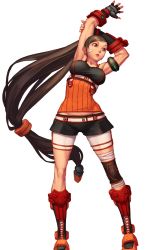 Rule 34 | 00s, 1girl, armband, bandaid, boots, breasts, brown hair, dungeon and fighter, female focus, fighter (dungeon and fighter), fingerless gloves, gauntlets, gloves, highres, long hair, muscular, ponytail, red eyes, shorts, simple background, solo, very long hair, white background
